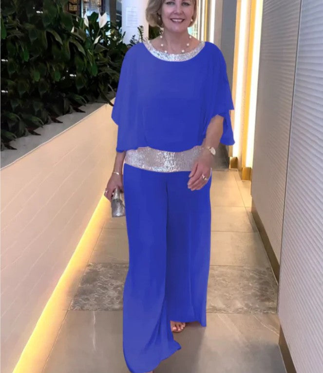 🥰【S-3XL】2025 Nou gât rotund cu gât rotund paiete Blocarea culorilor Set de pantaloni cu picior larg