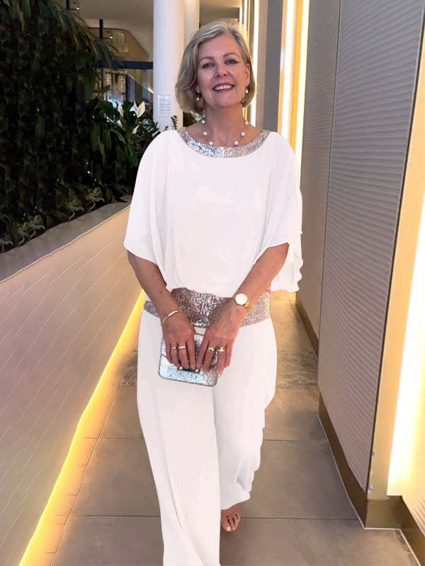 🥰【S-3XL】2025 Nou gât rotund cu gât rotund paiete Blocarea culorilor Set de pantaloni cu picior larg