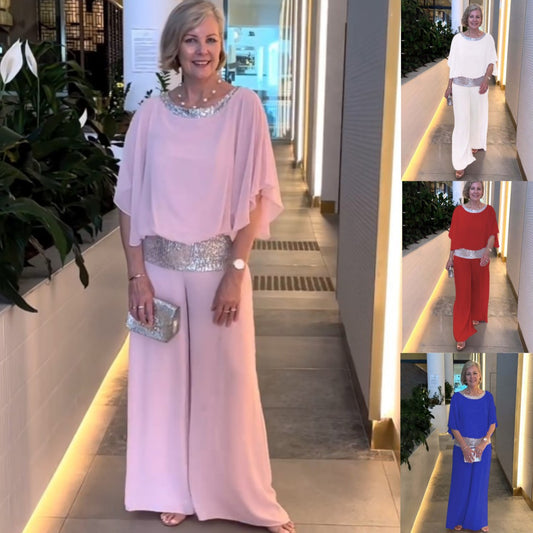🥰【S-3XL】2025 Nou gât rotund cu gât rotund paiete Blocarea culorilor Set de pantaloni cu picior larg