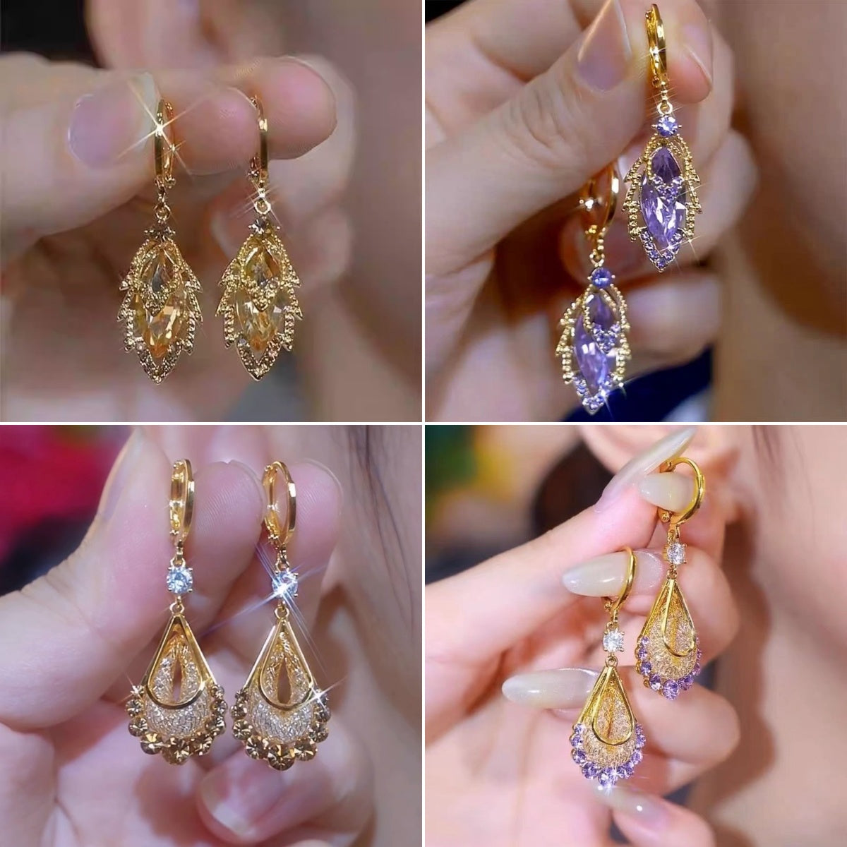 ✨【4 pares】Elegantes pendientes de oro con diamantes brillantes
