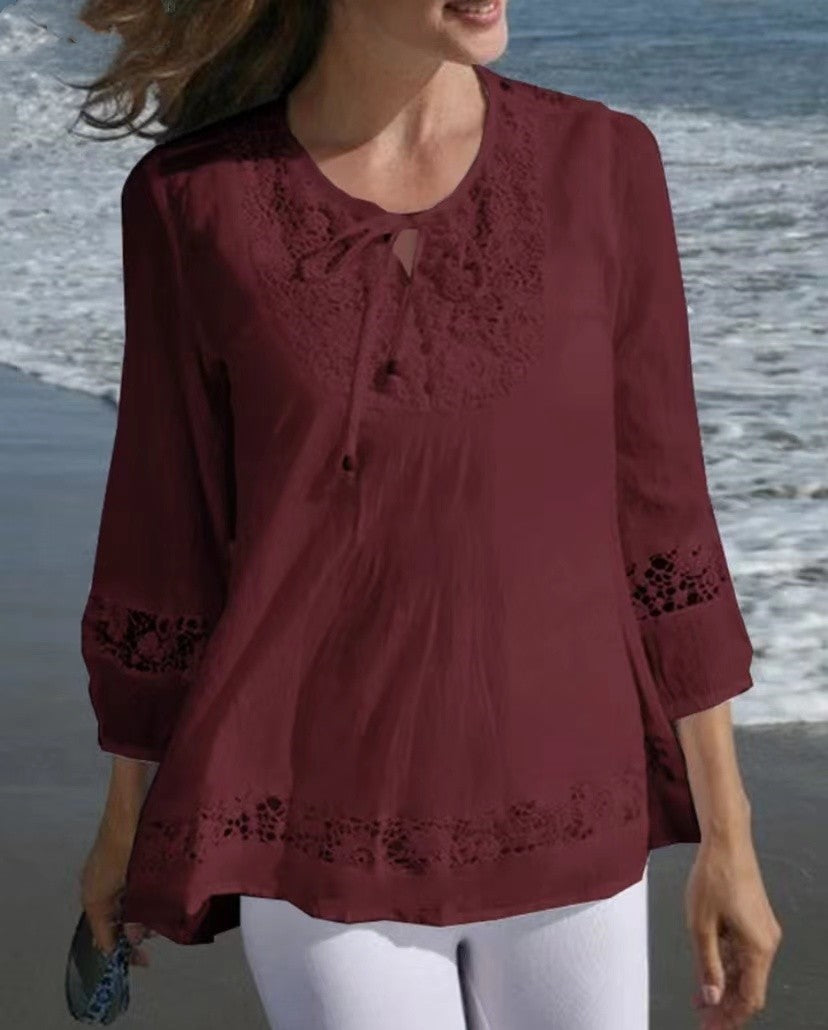 【S-5XL】V-neck dantelă dantelă cu mânecă scurtă top pentru femei
