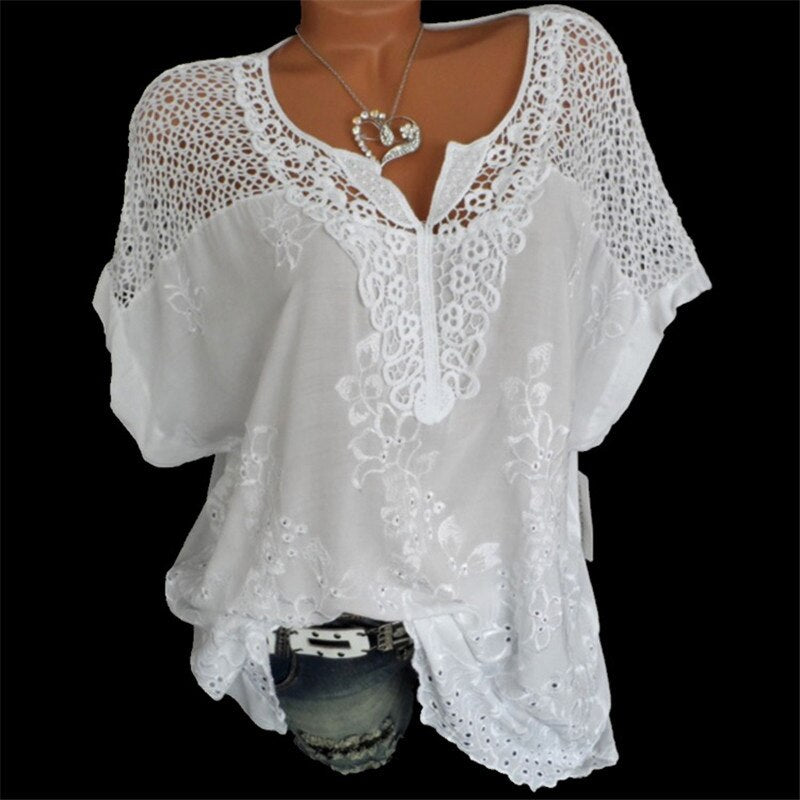 💝 2025 Top tricou cu mânecă scurtă din dantelă pentru femei, cu decolteu în V