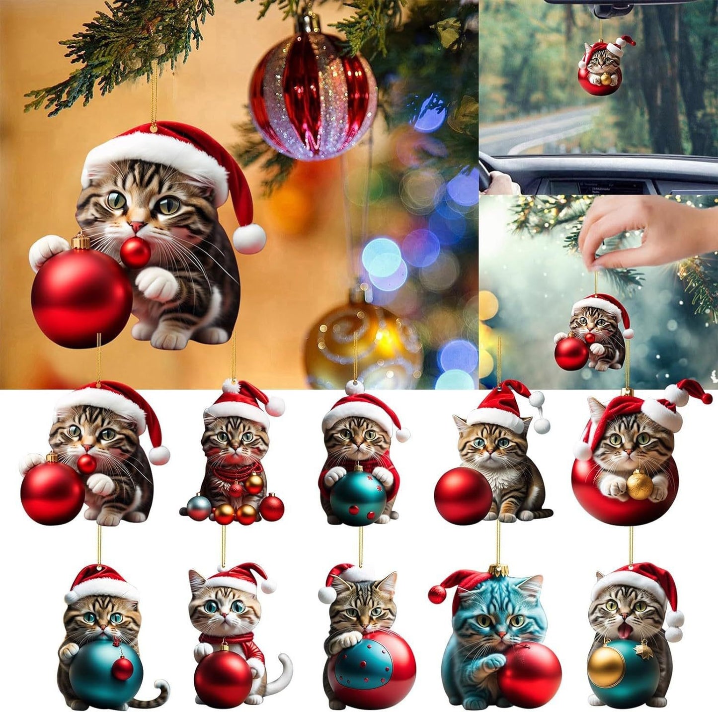 🔥🐈🎄10 sztuk😻Zawieszki do dekoracji choinki w kształcie kotka,Mały wisiorek z akrylu, drukowany na płasko w technologii 2D