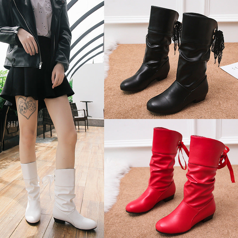 【36-43】 Damskie buty na grubym obcasie do połowy łydki Modne sznurowane buty wizytowe Jednokolorowe wygodne buty damskie