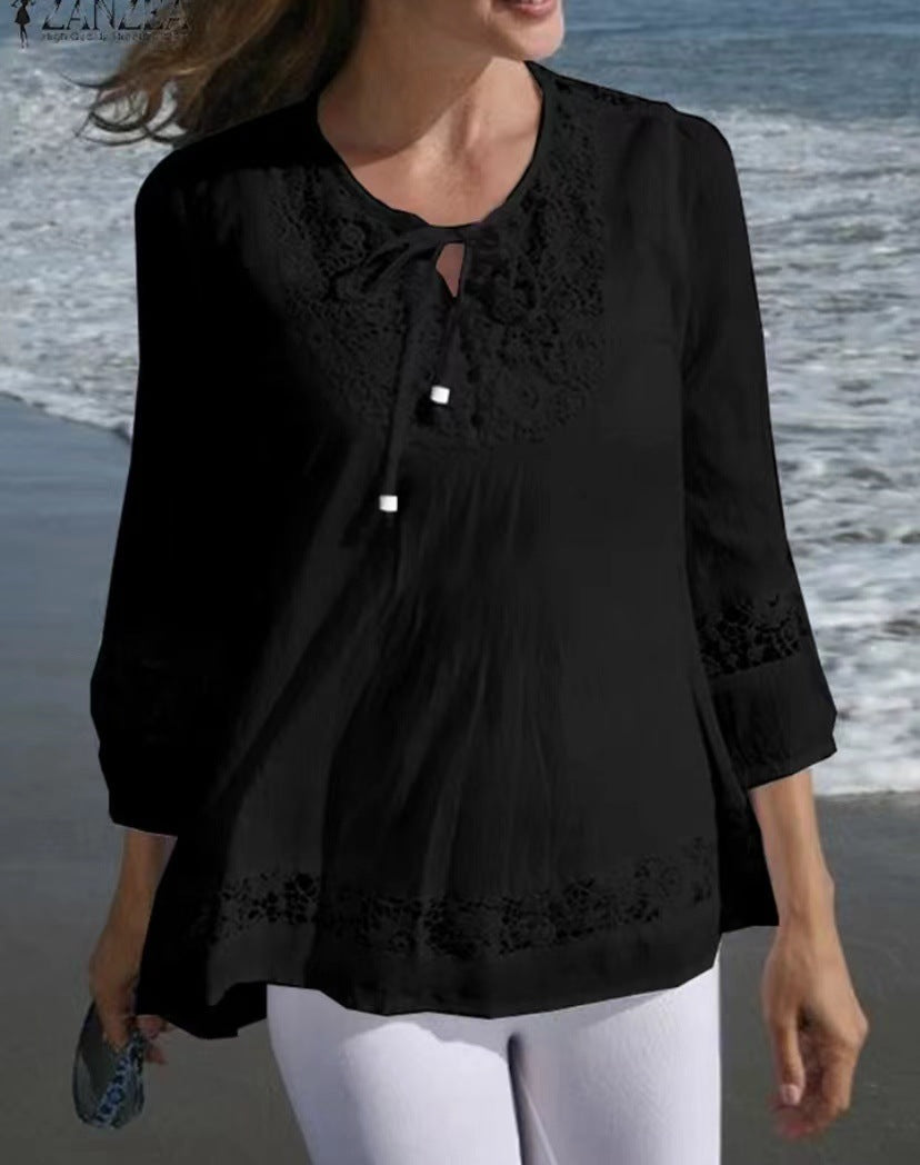 【S-5XL】V-neck dantelă dantelă cu mânecă scurtă top pentru femei