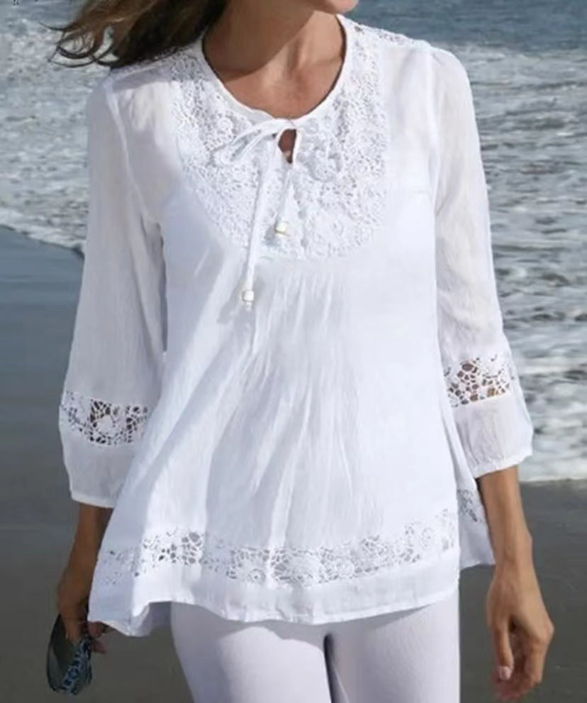 【S-5XL】V-neck dantelă dantelă cu mânecă scurtă top pentru femei