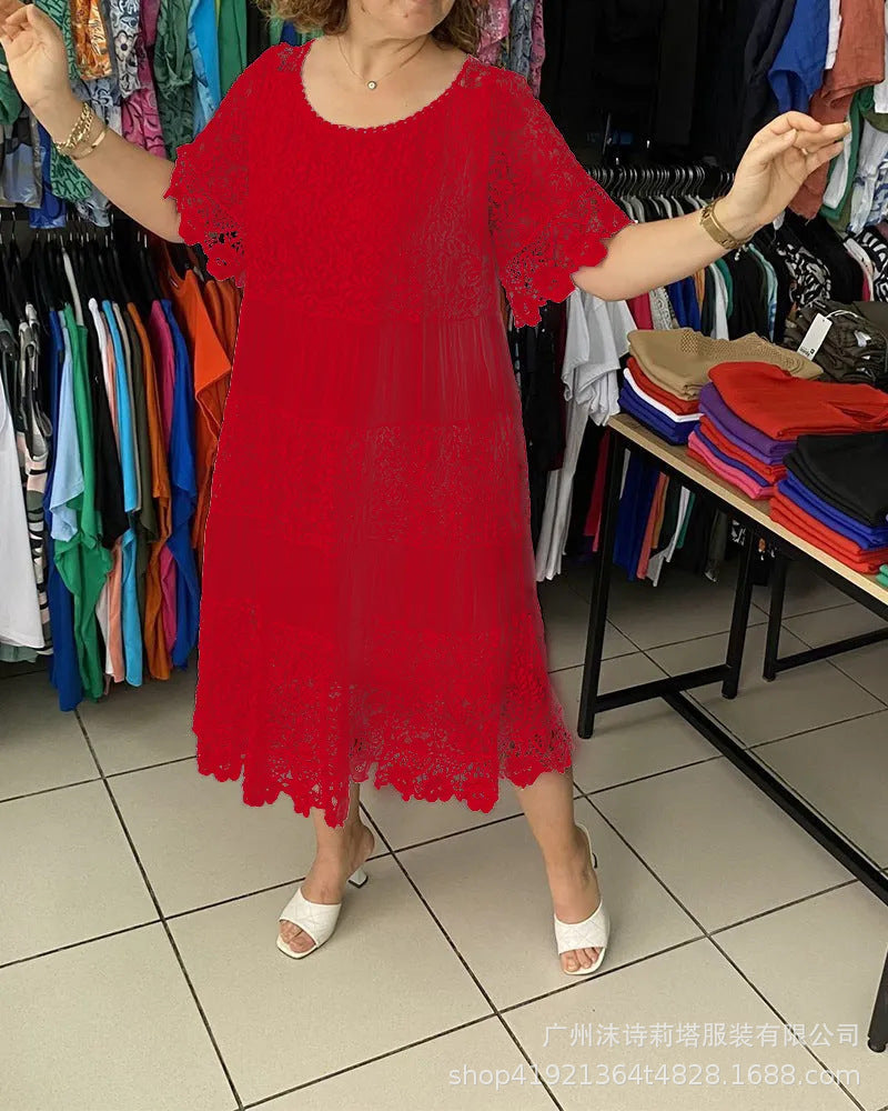 ✨✨【S-5XL】Nowa koronkowa sukienka t-shirtowa z krótkim rękawem i okrągłym dekoltem