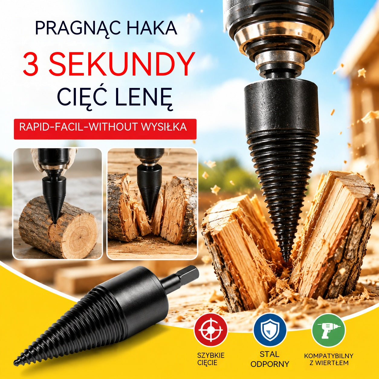 🔥【Wiertło do rozbijania drewna o średnicy 50 mm + 3 rodzaje adapterów o różnych wymiarach】Elektryczne wiertło do rozbijania drewna z wzmocnionego stali, mocne i oszczędzające siłę