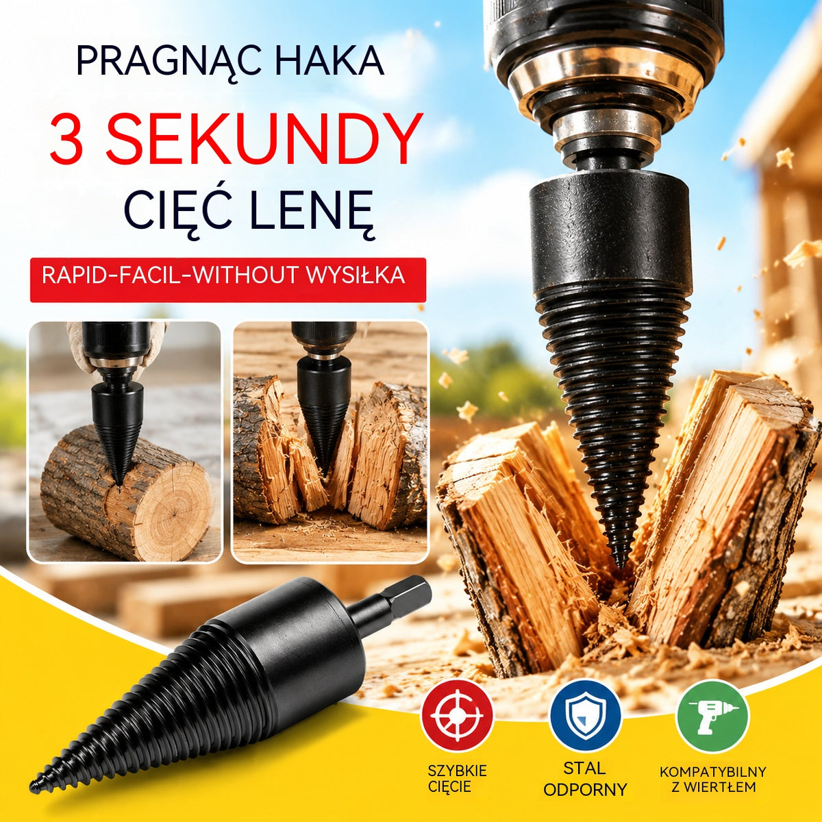 🔥【Wiertło do rozbijania drewna o średnicy 50 mm + 3 rodzaje adapterów o różnych wymiarach】Elektryczne wiertło do rozbijania drewna z wzmocnionego stali, mocne i oszczędzające siłę