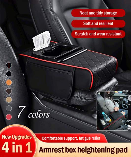 Tampă universală din piele pentru cotieră auto 4 în 1 ✅ Cutie încorporată pentru șervețele ✅ Suport pentru pahare