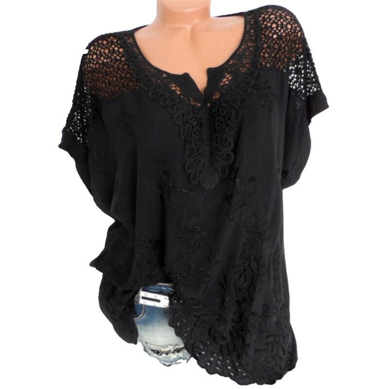 💝 2025 Top tricou cu mânecă scurtă din dantelă pentru femei, cu decolteu în V