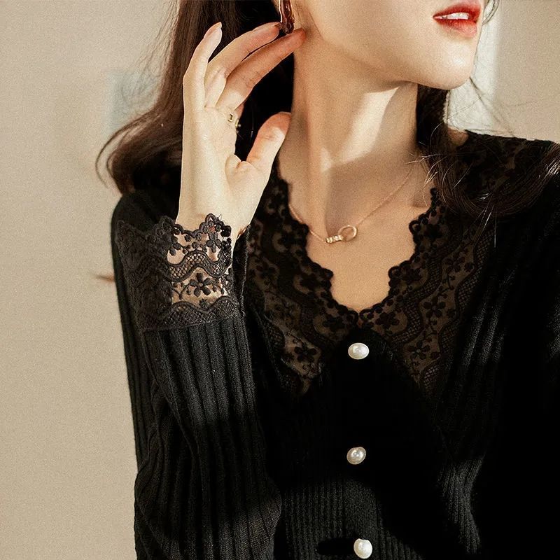 【XS-3XL】Nuevo y elegante suéter de punto de encaje con cuello en V para primavera
