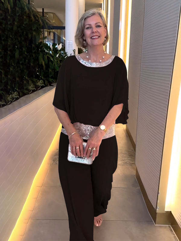 🥰【S-3XL】2025 Nou gât rotund cu gât rotund paiete Blocarea culorilor Set de pantaloni cu picior larg