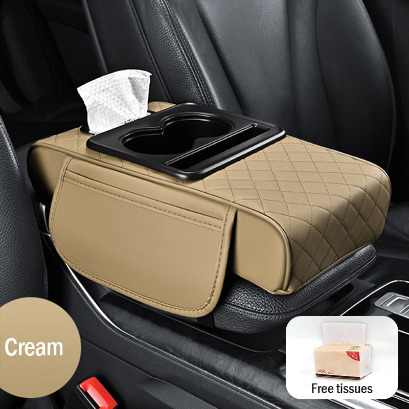 Tampă universală din piele pentru cotieră auto 4 în 1 ✅ Cutie încorporată pentru șervețele ✅ Suport pentru pahare