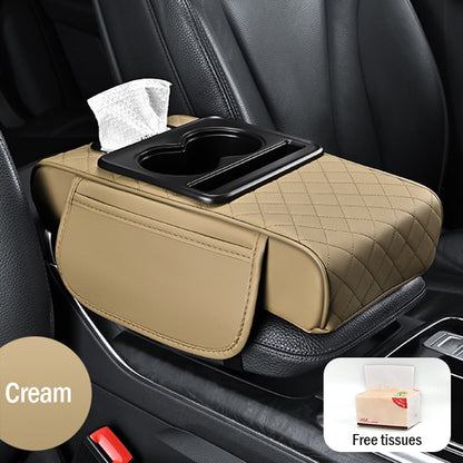 Tampă universală din piele pentru cotieră auto 4 în 1 ✅ Cutie încorporată pentru șervețele ✅ Suport pentru pahare