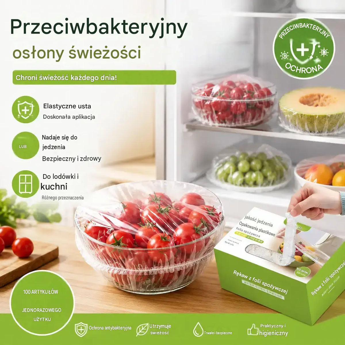 Bardzo grube, opakowanie 4 pudełek (400 sztuk) – 109 zł– Elastyczne osłonki na żywność z powłoką antybakteryjną; jednorazowe woreczki na żywność, odpowiednie do kuchni lub lodówki.