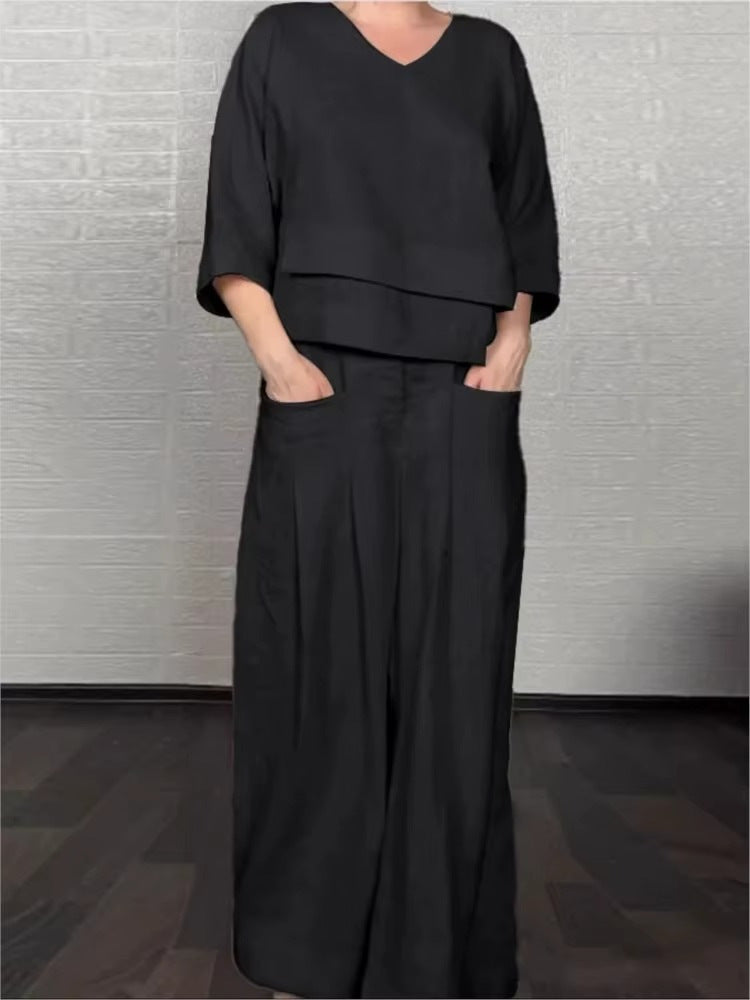 💎 Dwuczęściowy komplet z bawełny i lnu z nieregularnym dołem – bluzka z dekoltem w serek + spodnie z szerokimi nogawkami, przewiewny i naturalnie elegancki 🍂👚