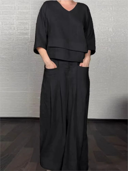 💎 Dwuczęściowy komplet z bawełny i lnu z nieregularnym dołem – bluzka z dekoltem w serek + spodnie z szerokimi nogawkami, przewiewny i naturalnie elegancki 🍂👚