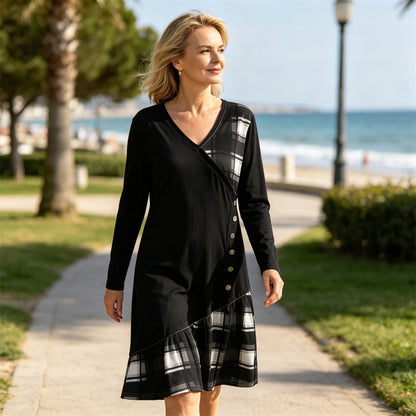 👗【Rabat -49%🔥】Damska sukienka casualowa z długimi rękawami i kontrastowymi detalami