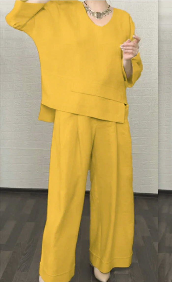 💎 Dwuczęściowy komplet z bawełny i lnu z nieregularnym dołem – bluzka z dekoltem w serek + spodnie z szerokimi nogawkami, przewiewny i naturalnie elegancki 🍂👚
