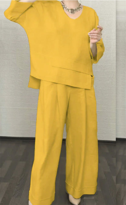 💎 Dwuczęściowy komplet z bawełny i lnu z nieregularnym dołem – bluzka z dekoltem w serek + spodnie z szerokimi nogawkami, przewiewny i naturalnie elegancki 🍂👚