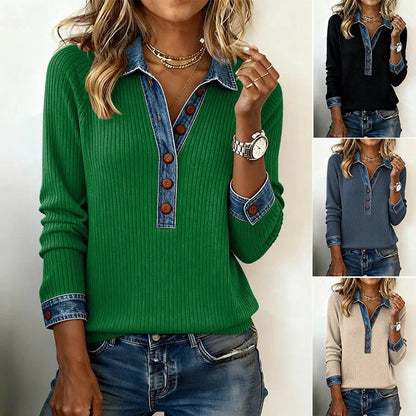 ✨Descuento -47%🔥【S-3XL】Top de punto de mujer para otoño/invierno, elegante cuello vaquero