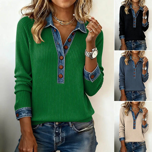 ✨Descuento -47%🔥【S-3XL】Top de punto de mujer para otoño/invierno, elegante cuello vaquero