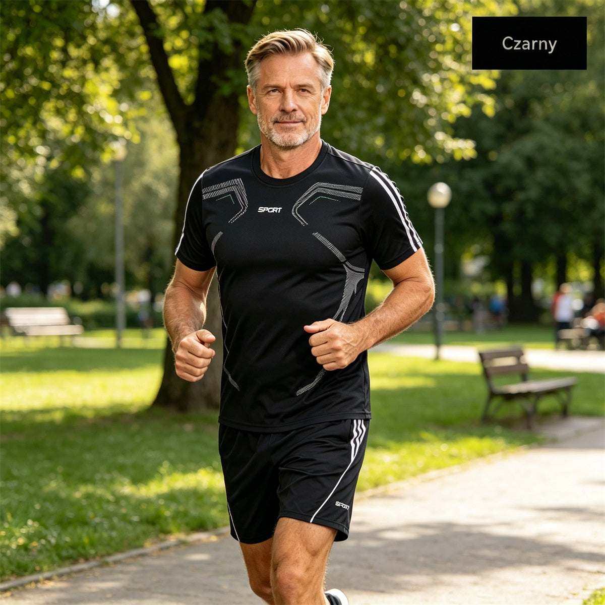Męski letni zestaw sportowy – koszulka z krótkim rękawem i szorty; luźny, swobodny styl, rozmiary plus size, modny fason