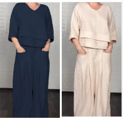 💎 Dwuczęściowy komplet z bawełny i lnu z nieregularnym dołem – bluzka z dekoltem w serek + spodnie z szerokimi nogawkami, przewiewny i naturalnie elegancki 🍂👚