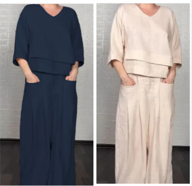 💎 Dwuczęściowy komplet z bawełny i lnu z nieregularnym dołem – bluzka z dekoltem w serek + spodnie z szerokimi nogawkami, przewiewny i naturalnie elegancki 🍂👚