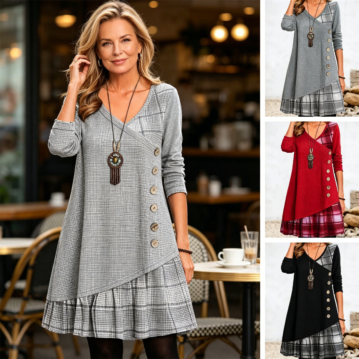 👗【Rabat -49%🔥】Damska sukienka casualowa z długimi rękawami i kontrastowymi detalami