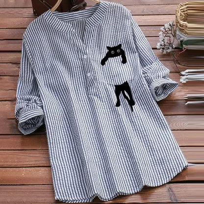 🎁【S-3XL】Bombažna bluza z V-izrezom in dolgimi rokavi z mačjim potiskom