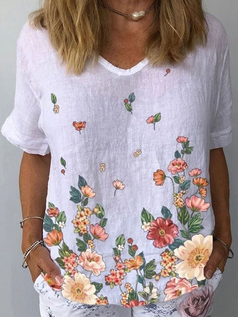💐👕【S-5XL】🌈T-shirt z krótkim rękawem i bawełnianą lnianą nadrukiem w kwiaty