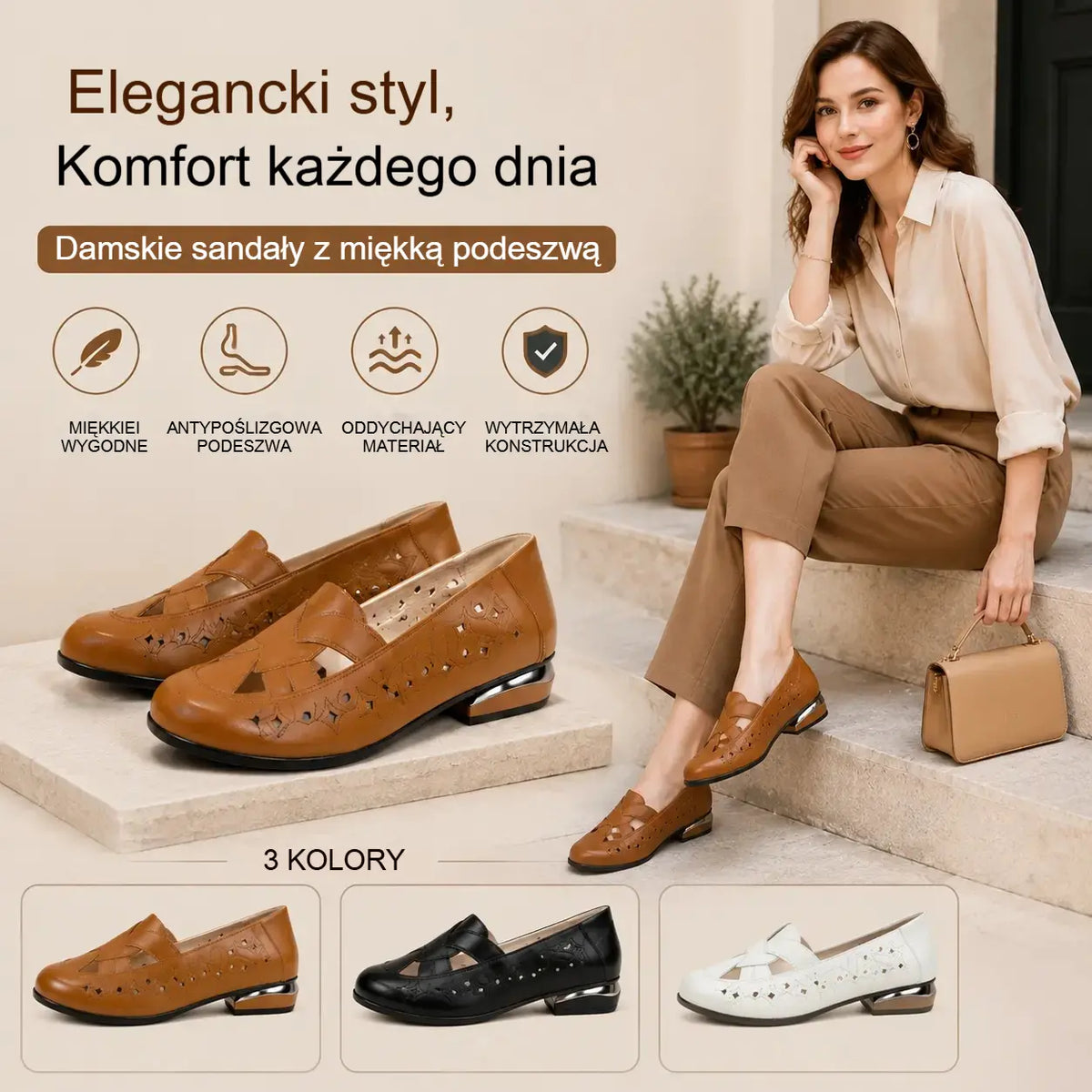 【35-40】2026 Nowe sandały damskie, okrągły nosek, skóra naturalna, niski obcas