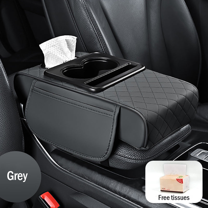Tampă universală din piele pentru cotieră auto 4 în 1 ✅ Cutie încorporată pentru șervețele ✅ Suport pentru pahare