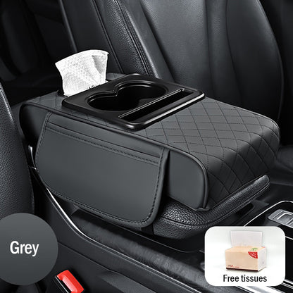 Tampă universală din piele pentru cotieră auto 4 în 1 ✅ Cutie încorporată pentru șervețele ✅ Suport pentru pahare