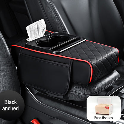 Tampă universală din piele pentru cotieră auto 4 în 1 ✅ Cutie încorporată pentru șervețele ✅ Suport pentru pahare