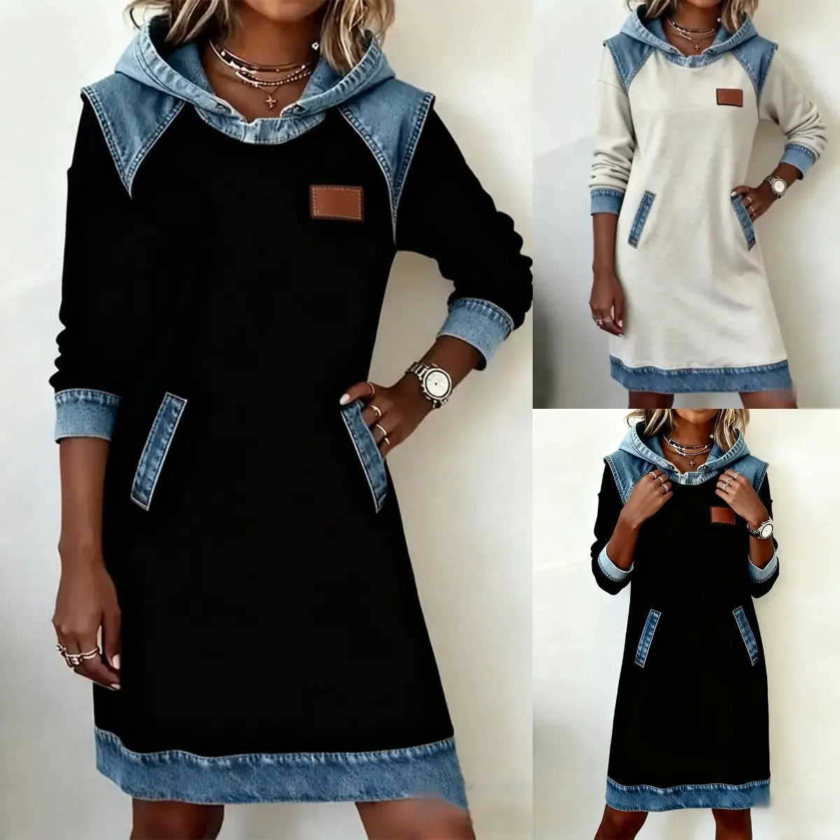 【Darmowa dostawa】🌷🌞【S–3XL】Jeansowa patchworkowa sukienka z kapturem · Wygodna · Stylowa na co dzień · -50% + szybka dostawa