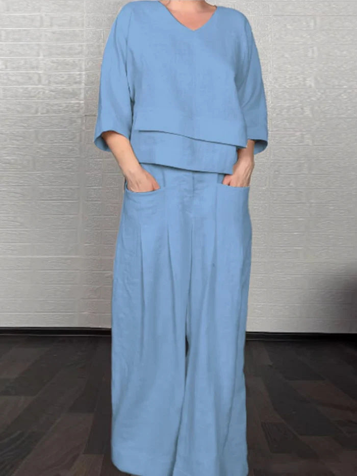 💎 Dwuczęściowy komplet z bawełny i lnu z nieregularnym dołem – bluzka z dekoltem w serek + spodnie z szerokimi nogawkami, przewiewny i naturalnie elegancki 🍂👚
