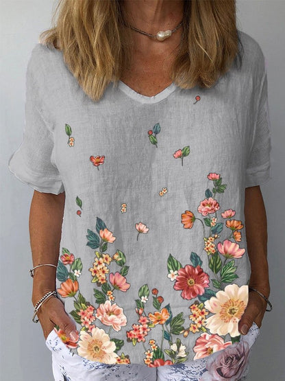 💐👕【S-5XL】🌈T-shirt z krótkim rękawem i bawełnianą lnianą nadrukiem w kwiaty