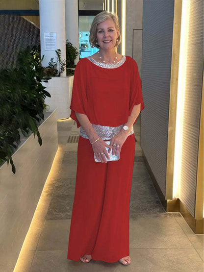 🥰【S-3XL】2025 Nou gât rotund cu gât rotund paiete Blocarea culorilor Set de pantaloni cu picior larg