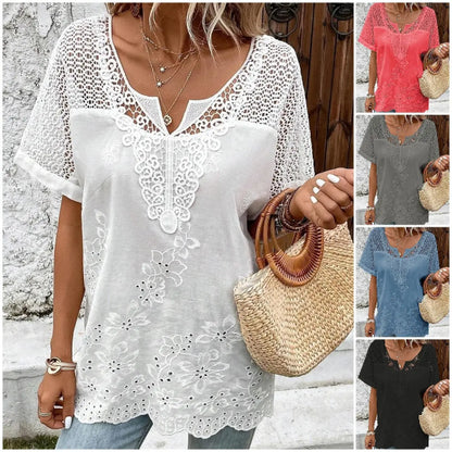💝 2025 Top tricou cu mânecă scurtă din dantelă pentru femei, cu decolteu în V