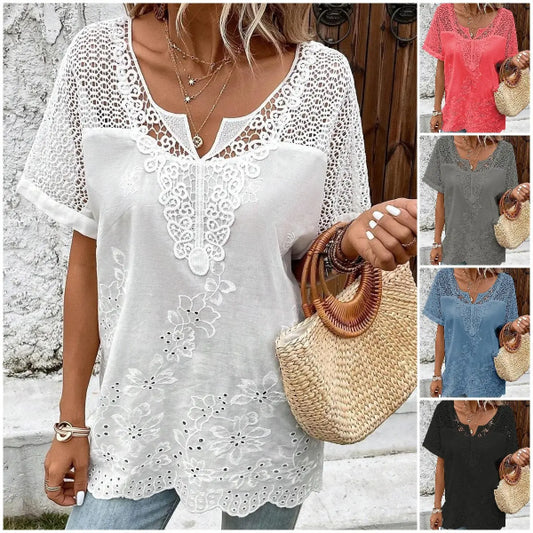 💝 2025 Top tricou cu mânecă scurtă din dantelă pentru femei, cu decolteu în V