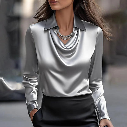 🔥【S-3XL】✨Jednokolorowa damska bluzka z nadrukiem, błyszcząca, jedwabista góra