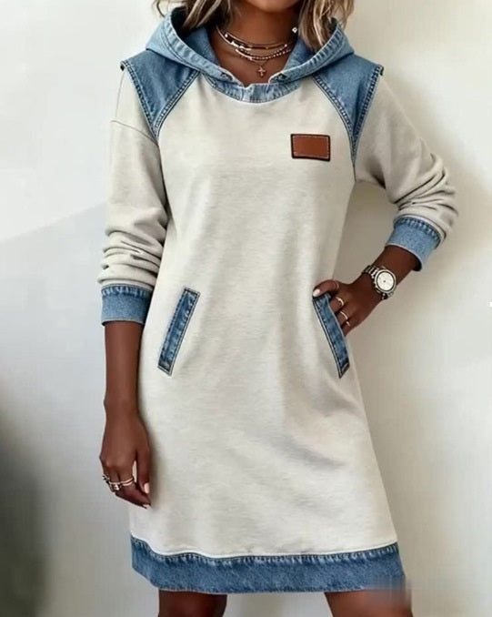 【Darmowa dostawa】🌷🌞【S–3XL】Jeansowa patchworkowa sukienka z kapturem · Wygodna · Stylowa na co dzień · -50% + szybka dostawa