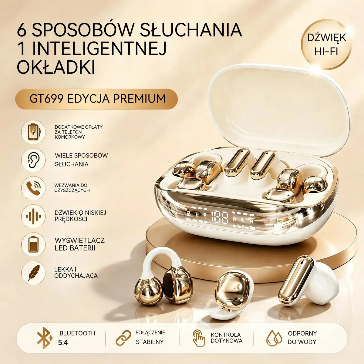 Słuchawki douszne bezprzewodowe GT699S 6 w 1 z wieloma stylami i etui awaryjnym ✨