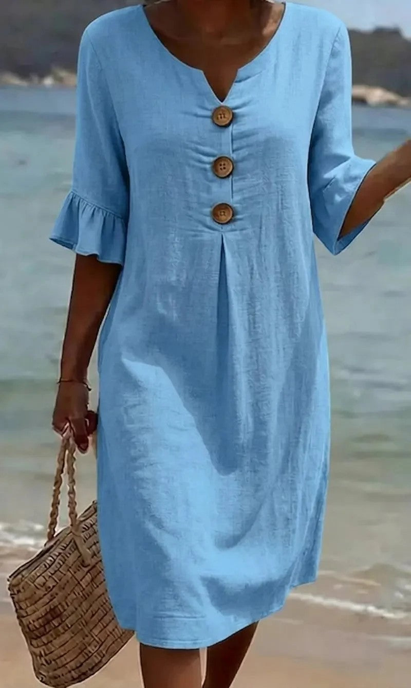 【S-3XL】Damska sukienka z bawełny i lnu z bufiastymi rękawami i guzikami
