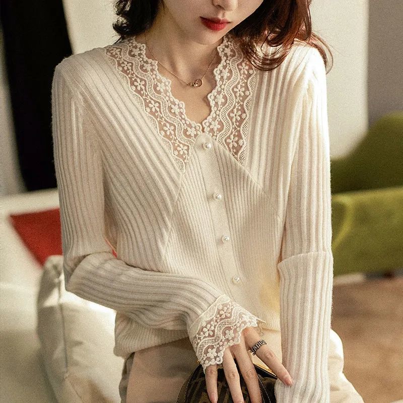 【XS-3XL】Nuevo y elegante suéter de punto de encaje con cuello en V para primavera