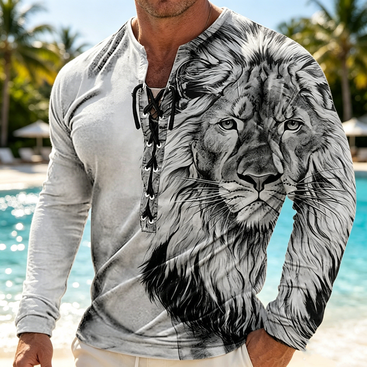Męski, swobodny T-shirt z długim rękawem i nadrukiem 3D