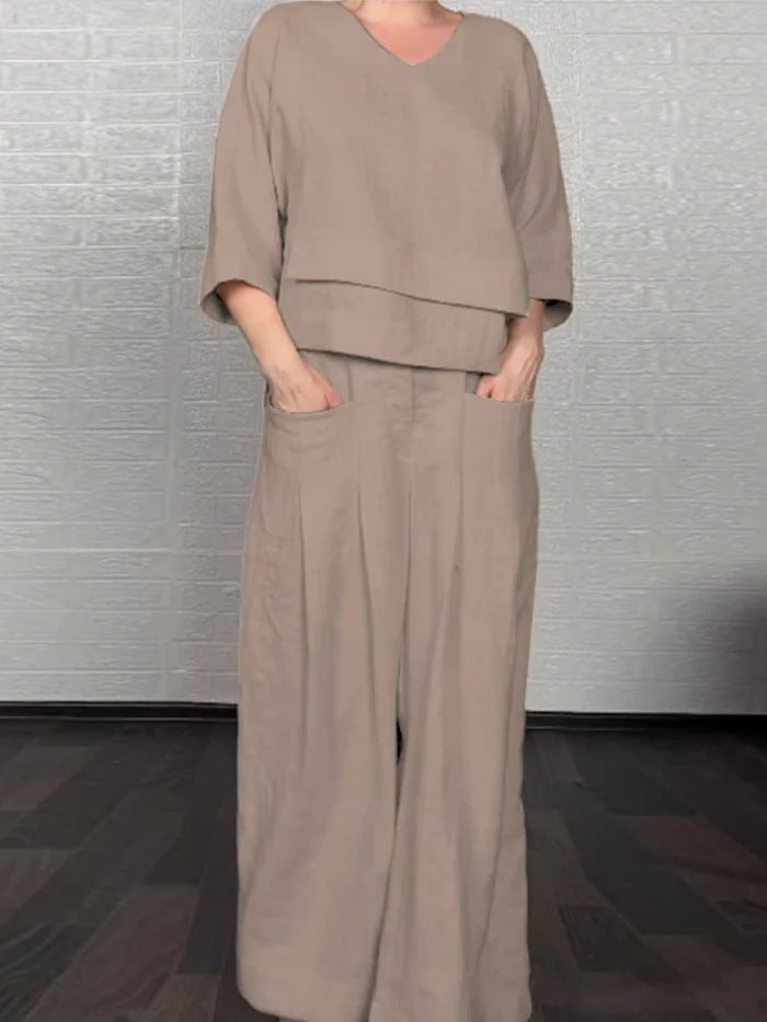 💎 Dwuczęściowy komplet z bawełny i lnu z nieregularnym dołem – bluzka z dekoltem w serek + spodnie z szerokimi nogawkami, przewiewny i naturalnie elegancki 🍂👚